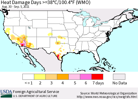 United States Heat Damage Days >=38°C/100.4°F (WMO) Thematic Map For 8/30/2021 - 9/5/2021