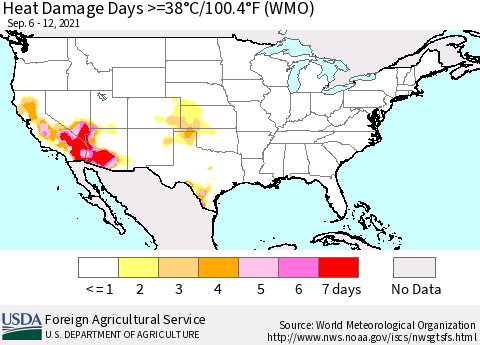 United States Heat Damage Days >=38°C/100°F (WMO) Thematic Map For 9/6/2021 - 9/12/2021