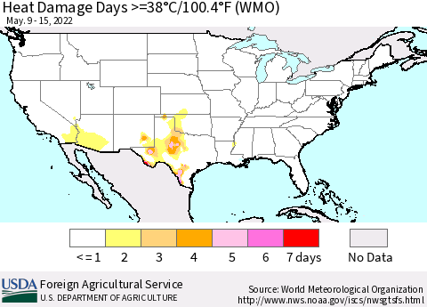 United States Heat Damage Days >=38°C/100°F (WMO) Thematic Map For 5/9/2022 - 5/15/2022