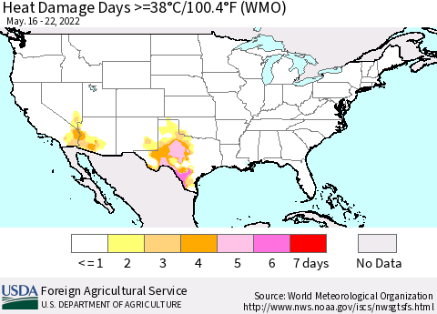 United States Heat Damage Days >=38°C/100°F (WMO) Thematic Map For 5/16/2022 - 5/22/2022