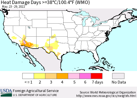 United States Heat Damage Days >=38°C/100°F (WMO) Thematic Map For 5/23/2022 - 5/29/2022