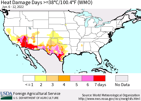 United States Heat Damage Days >=38°C/100°F (WMO) Thematic Map For 6/6/2022 - 6/12/2022