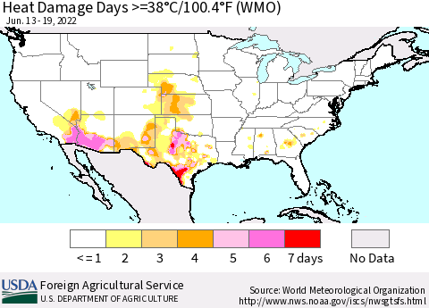 United States Heat Damage Days >=38°C/100.4°F (WMO) Thematic Map For 6/13/2022 - 6/19/2022