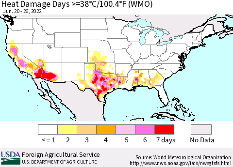 United States Heat Damage Days >=38°C/100°F (WMO) Thematic Map For 6/20/2022 - 6/26/2022