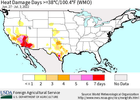 United States Heat Damage Days >=38°C/100.4°F (WMO) Thematic Map For 6/27/2022 - 7/3/2022
