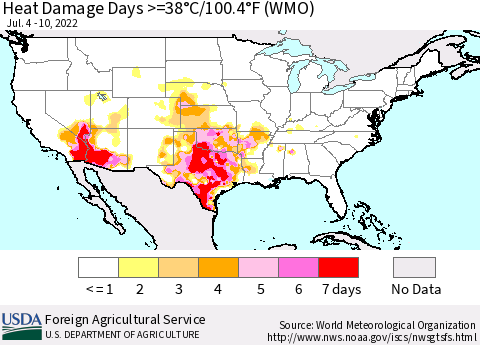 United States Heat Damage Days >=38°C/100.4°F (WMO) Thematic Map For 7/4/2022 - 7/10/2022