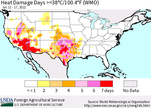 United States Heat Damage Days >=38°C/100°F (WMO) Thematic Map For 7/11/2022 - 7/17/2022