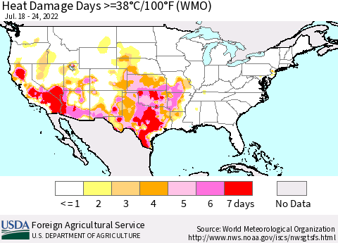 United States Heat Damage Days >=38°C/100.4°F (WMO) Thematic Map For 7/18/2022 - 7/24/2022