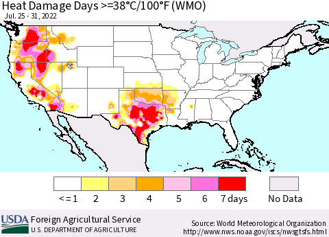 United States Heat Damage Days >=38°C/100°F (WMO) Thematic Map For 7/25/2022 - 7/31/2022