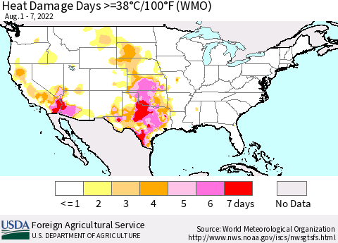 United States Heat Damage Days >=38°C/100°F (WMO) Thematic Map For 8/1/2022 - 8/7/2022