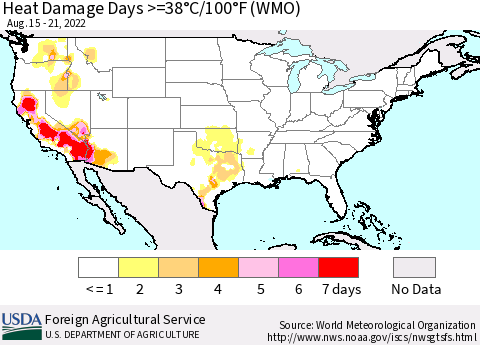 United States Heat Damage Days >=38°C/100°F (WMO) Thematic Map For 8/15/2022 - 8/21/2022