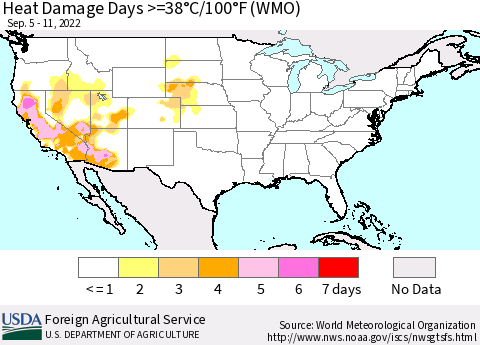 United States Heat Damage Days >=38°C/100°F (WMO) Thematic Map For 9/5/2022 - 9/11/2022