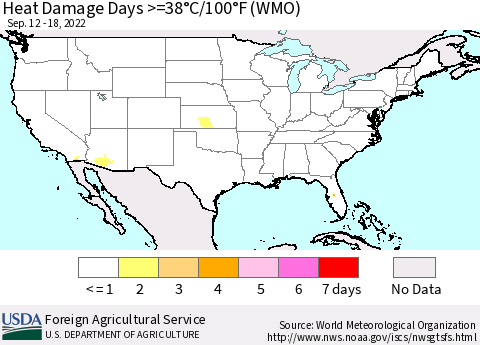 United States Heat Damage Days >=38°C/100°F (WMO) Thematic Map For 9/12/2022 - 9/18/2022
