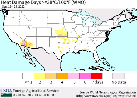United States Heat Damage Days >=38°C/100°F (WMO) Thematic Map For 9/19/2022 - 9/25/2022