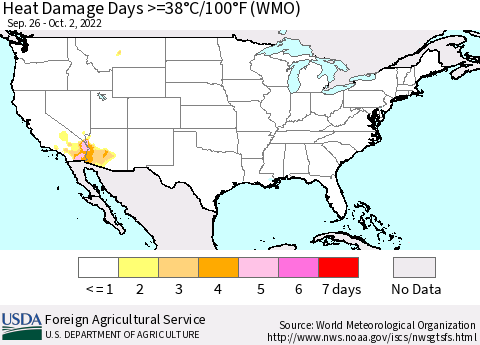 United States Heat Damage Days >=38°C/100°F (WMO) Thematic Map For 9/26/2022 - 10/2/2022