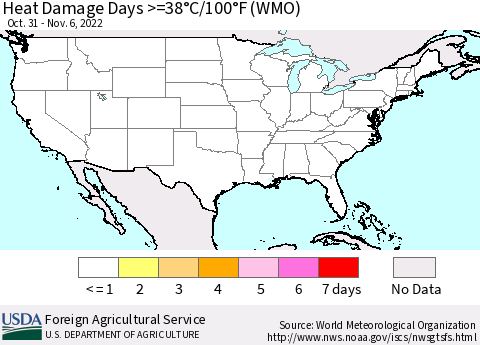 United States Heat Damage Days >=38°C/100°F (WMO) Thematic Map For 10/31/2022 - 11/6/2022