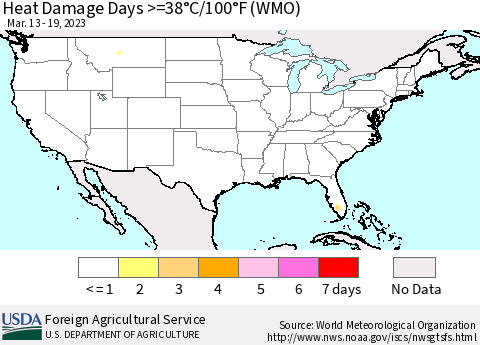 United States Heat Damage Days >=38°C/100°F (WMO) Thematic Map For 3/13/2023 - 3/19/2023