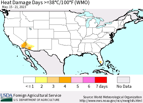 United States Heat Damage Days >=38°C/100°F (WMO) Thematic Map For 5/15/2023 - 5/21/2023