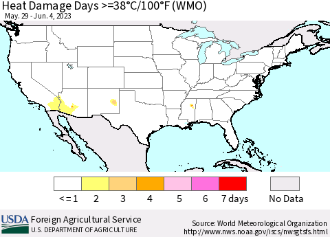 United States Heat Damage Days >=38°C/100°F (WMO) Thematic Map For 5/29/2023 - 6/4/2023