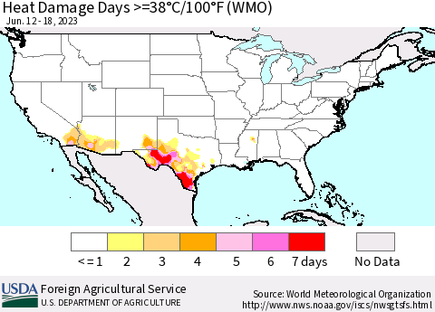 United States Heat Damage Days >=38°C/100°F (WMO) Thematic Map For 6/12/2023 - 6/18/2023