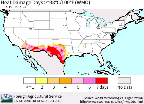 United States Heat Damage Days >=38°C/100°F (WMO) Thematic Map For 6/19/2023 - 6/25/2023