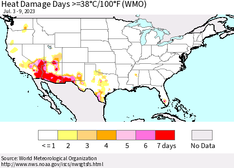 United States Heat Damage Days >=38°C/100°F (WMO) Thematic Map For 7/3/2023 - 7/9/2023