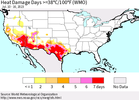 United States Heat Damage Days >=38°C/100°F (WMO) Thematic Map For 7/10/2023 - 7/16/2023