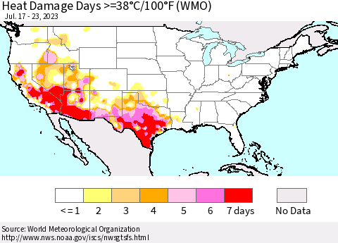 United States Heat Damage Days >=38°C/100°F (WMO) Thematic Map For 7/17/2023 - 7/23/2023