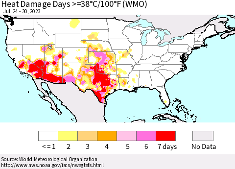 United States Heat Damage Days >=38°C/100°F (WMO) Thematic Map For 7/24/2023 - 7/30/2023