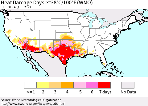 United States Heat Damage Days >=38°C/100°F (WMO) Thematic Map For 7/31/2023 - 8/6/2023