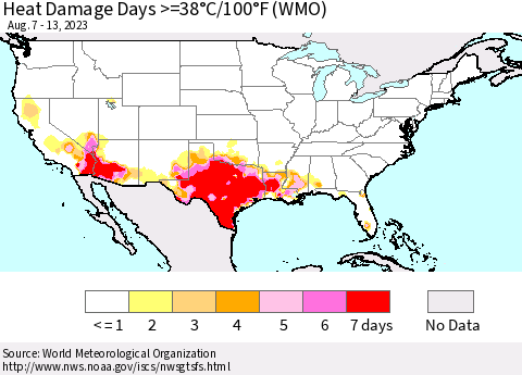 United States Heat Damage Days >=38°C/100°F (WMO) Thematic Map For 8/7/2023 - 8/13/2023