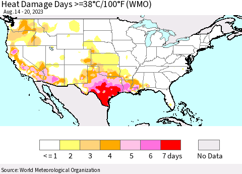 United States Heat Damage Days >=38°C/100°F (WMO) Thematic Map For 8/14/2023 - 8/20/2023