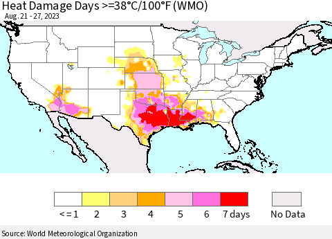 United States Heat Damage Days >=38°C/100°F (WMO) Thematic Map For 8/21/2023 - 8/27/2023