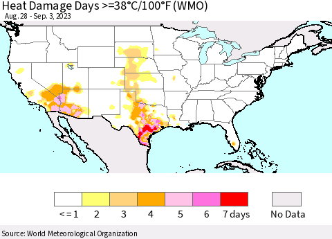 United States Heat Damage Days >=38°C/100°F (WMO) Thematic Map For 8/28/2023 - 9/3/2023