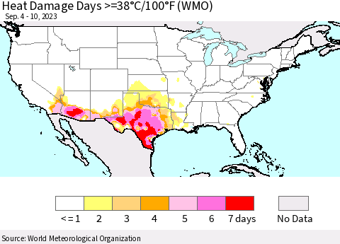 United States Heat Damage Days >=38°C/100°F (WMO) Thematic Map For 9/4/2023 - 9/10/2023