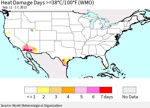 United States Heat Damage Days >=38°C/100°F (WMO) Thematic Map For 9/11/2023 - 9/17/2023