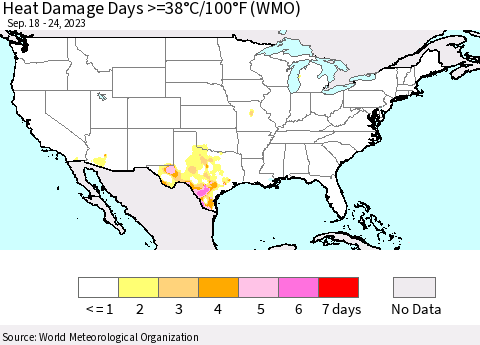 United States Heat Damage Days >=38°C/100°F (WMO) Thematic Map For 9/18/2023 - 9/24/2023
