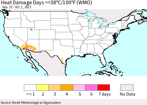 United States Heat Damage Days >=38°C/100°F (WMO) Thematic Map For 9/25/2023 - 10/1/2023