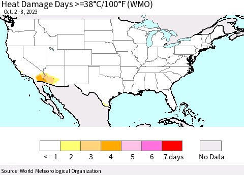 United States Heat Damage Days >=38°C/100°F (WMO) Thematic Map For 10/2/2023 - 10/8/2023