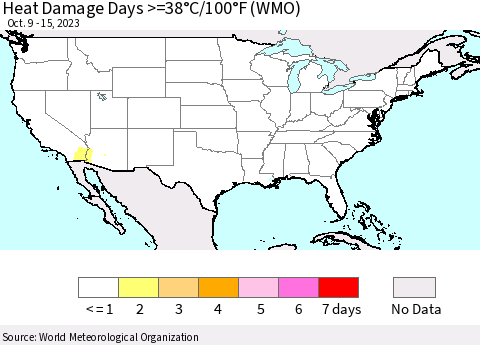 United States Heat Damage Days >=38°C/100°F (WMO) Thematic Map For 10/9/2023 - 10/15/2023