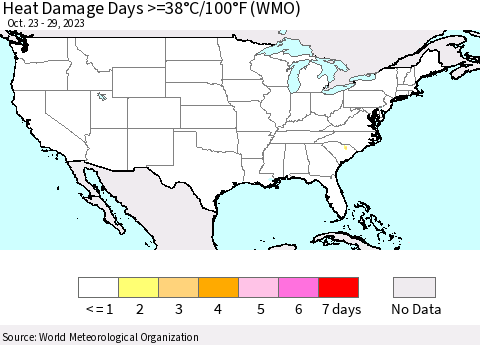 United States Heat Damage Days >=38°C/100°F (WMO) Thematic Map For 10/23/2023 - 10/29/2023