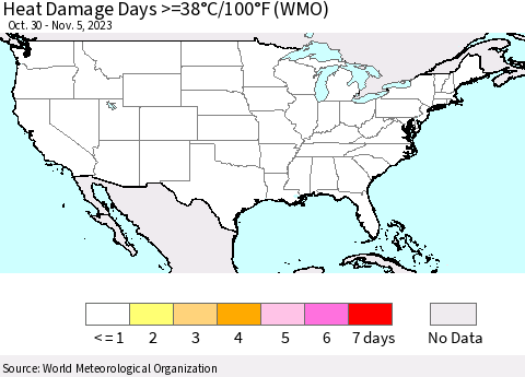 United States Heat Damage Days >=38°C/100°F (WMO) Thematic Map For 10/30/2023 - 11/5/2023