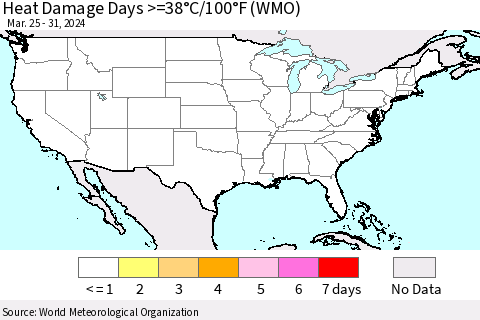 United States Heat Damage Days >=38°C/100°F (WMO) Thematic Map For 3/25/2024 - 3/31/2024