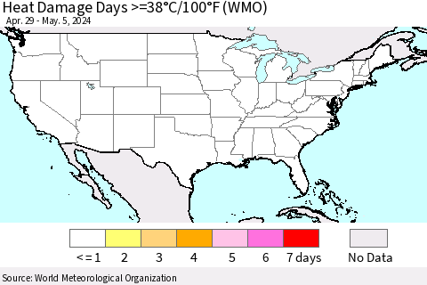United States Heat Damage Days >=38°C/100°F (WMO) Thematic Map For 4/29/2024 - 5/5/2024