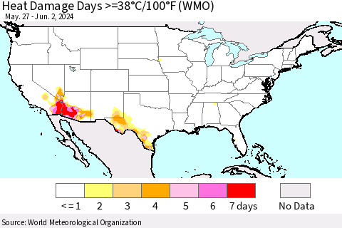 United States Heat Damage Days >=38°C/100°F (WMO) Thematic Map For 5/27/2024 - 6/2/2024
