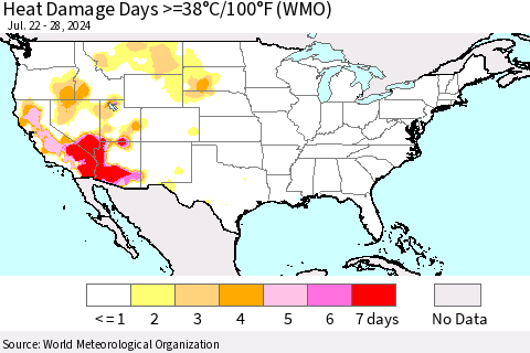 United States Heat Damage Days >=38°C/100°F (WMO) Thematic Map For 7/22/2024 - 7/28/2024