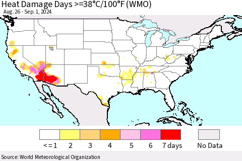 United States Heat Damage Days >=38°C/100°F (WMO) Thematic Map For 8/26/2024 - 9/1/2024