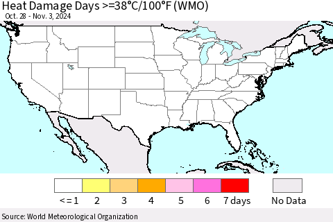 United States Heat Damage Days >=38°C/100°F (WMO) Thematic Map For 10/28/2024 - 11/3/2024