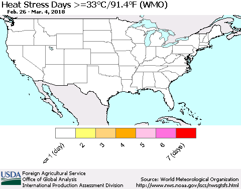 United States Heat Stress Days >=35°C/95°F (WMO) Thematic Map For 2/26/2018 - 3/4/2018
