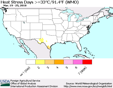 United States Heat Stress Days >=35°C/95°F (WMO) Thematic Map For 3/19/2018 - 3/25/2018